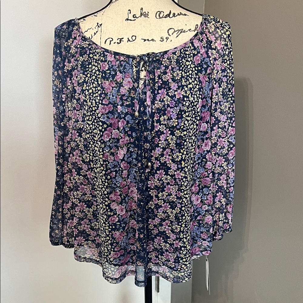 A. Byer Navy Floral Tie-Neck Peasant Blouse